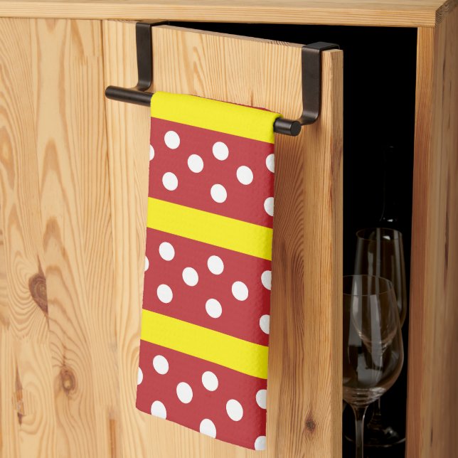 Red Yellow Polka Dot Stripes Pattern  Tea Towel (Thirds Fold)