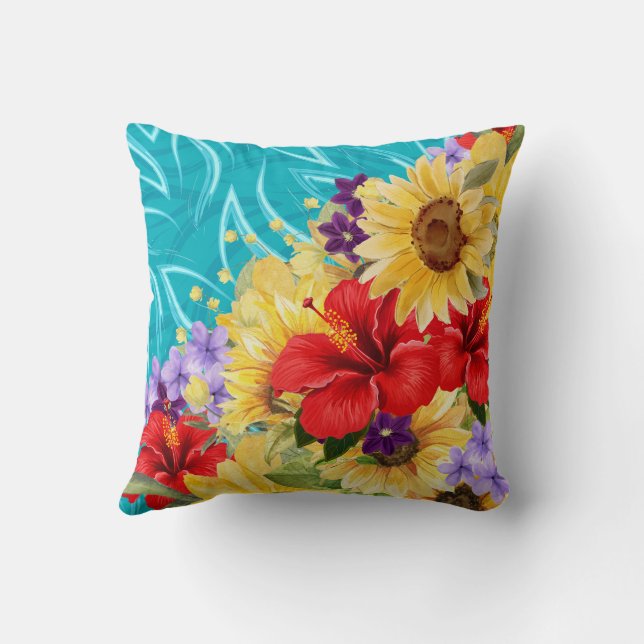 Red, Yellow, Purple Flowers on Aqua Cushion (Back)