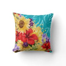 Red, Yellow, Purple Flowers on Aqua