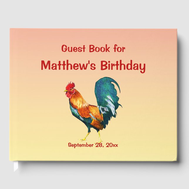Red Yellow Rooster Bird Birthday Party Guest Book (Front)