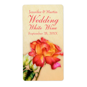 Red yellow rose wedding wine personalised label
