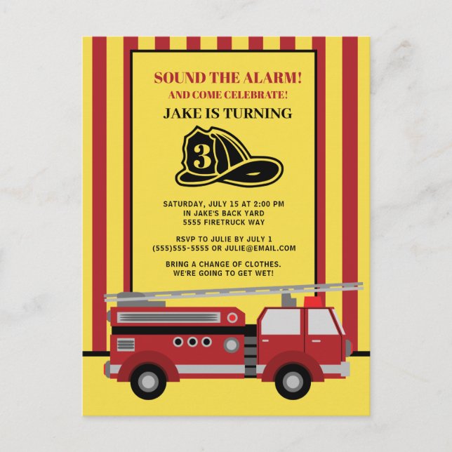 Red Yellow Striped Firetruck Child's 3rd Birthday Postcard (Front)