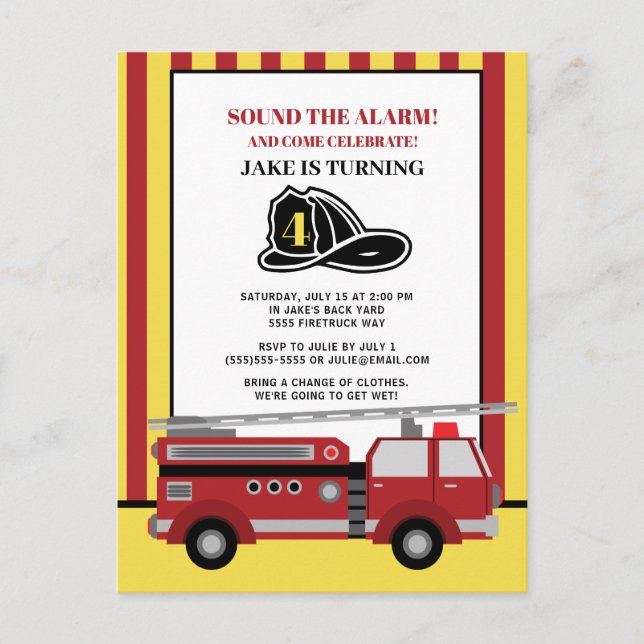 Red Yellow Striped Firetruck Child's 4th Birthday Postcard (Front)