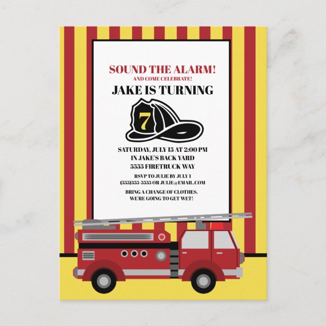 Red Yellow Striped Firetruck Fire Fighter Birthday Postcard (Front)
