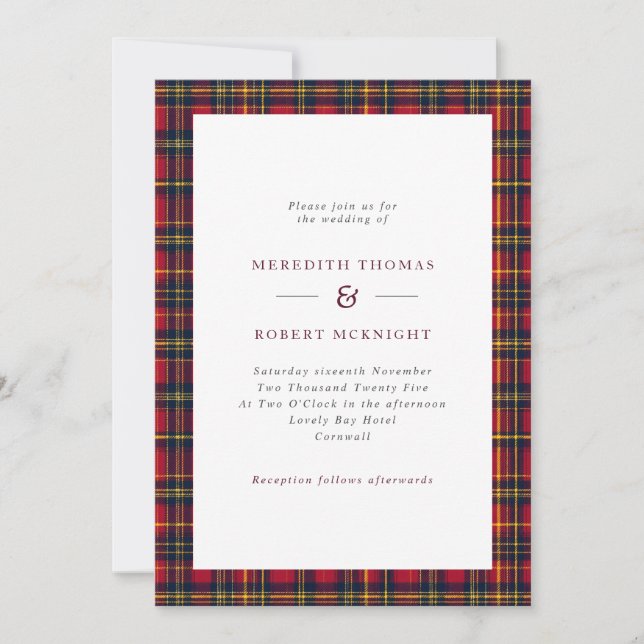 Red & Yellow Tartan Scottish Winter Wedding Invitation (Front)