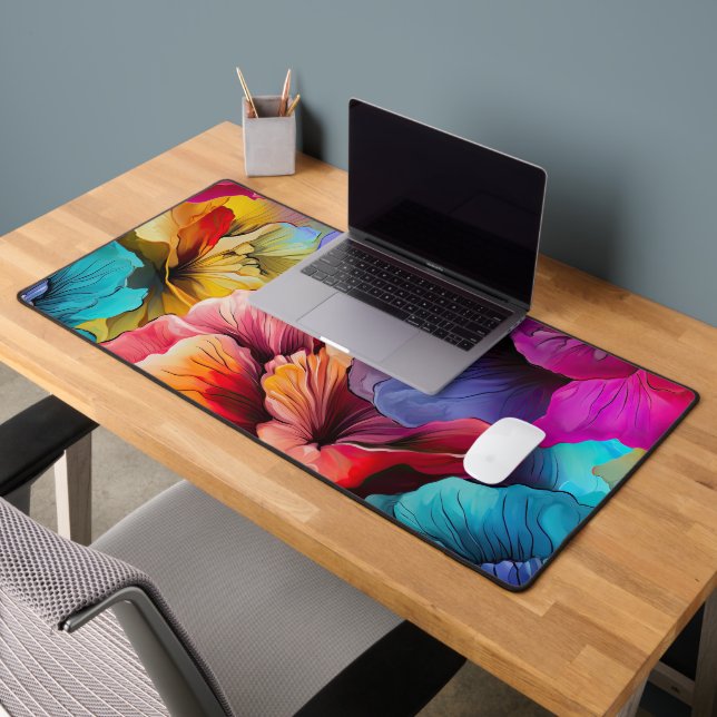 Red Yellow Teal Purple Alcohol Ink Floral Desk Mat (Office 2)