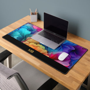 Red Yellow Teal Purple Alcohol Ink Floral Monogram Desk Mat