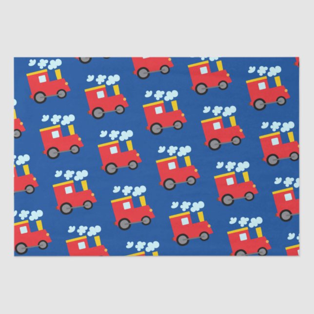 Red & Yellow Train Engine Art on Dark Blue Tissue Paper (Front)