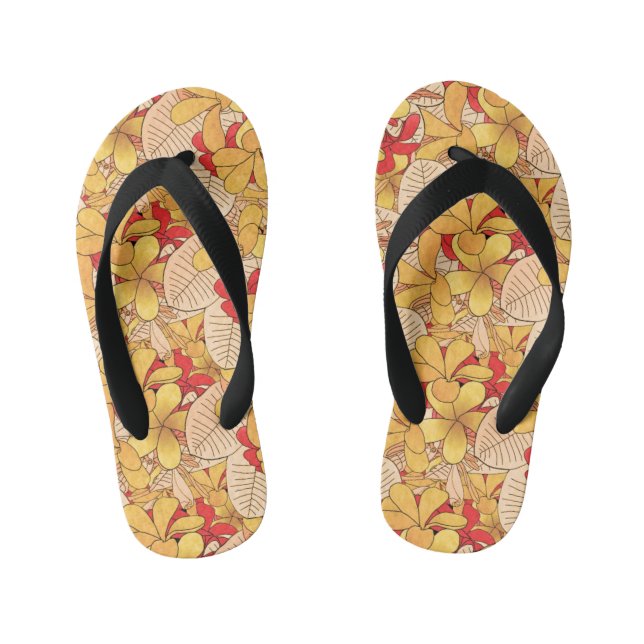 Red & Yellow Tropical Floral Pattern Vacation Kid's Flip Flops (Footbed)