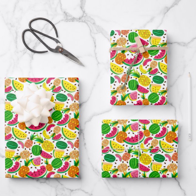 Red & Yellow Tropical Fruit Pattern Wrapping Paper Sheet (Front)