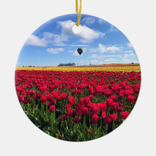 Red & Yellow Tulip Field with Hot Air Balloon Ceramic Tree Decoration