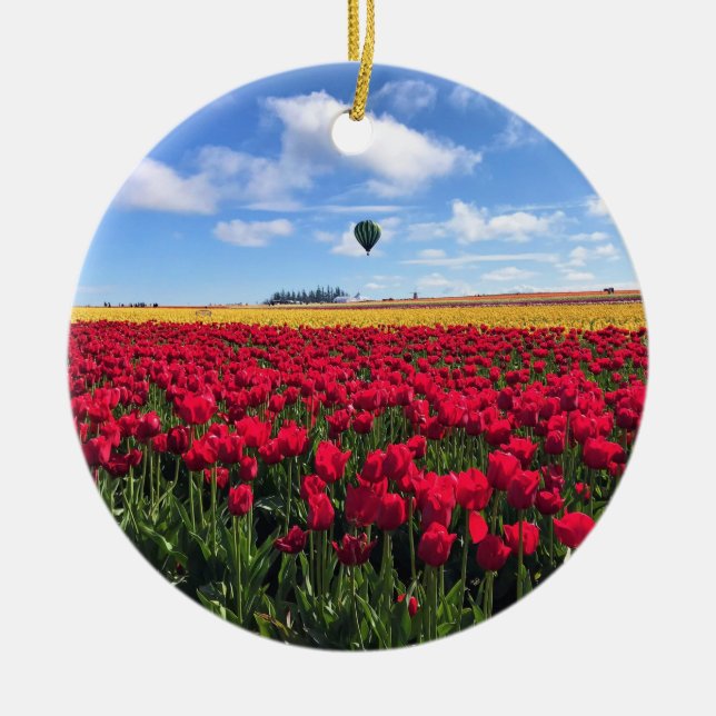 Red & Yellow Tulip Field with Hot Air Balloon Ceramic Tree Decoration (Front)