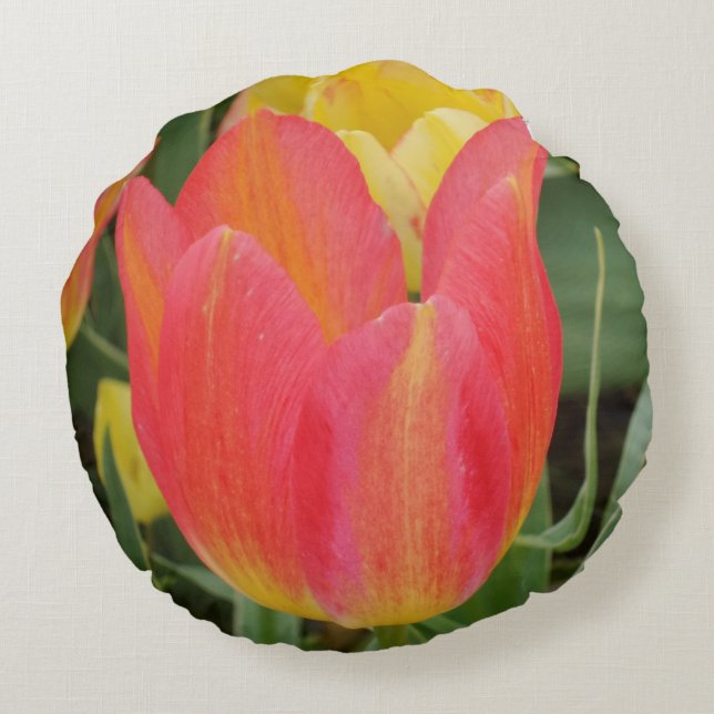 Red Yellow Tulip Flower Round Pillow (Back)