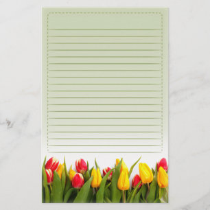 Red Yellow Tulip Flowers Green Background Lined Stationery