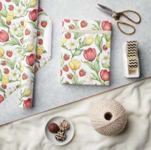 Red Yellow Tulip Flowers Strawberries Wrapping Paper