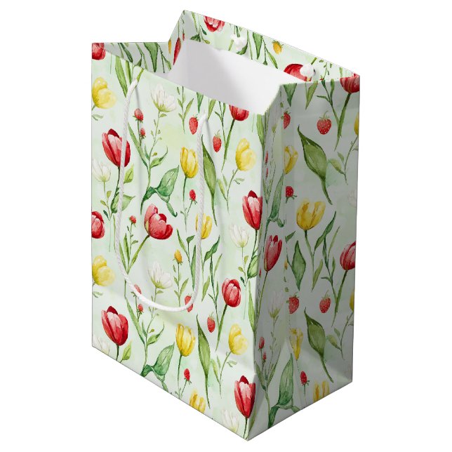 Red Yellow Tulips Birthday Medium Gift Bag (Front Angled)