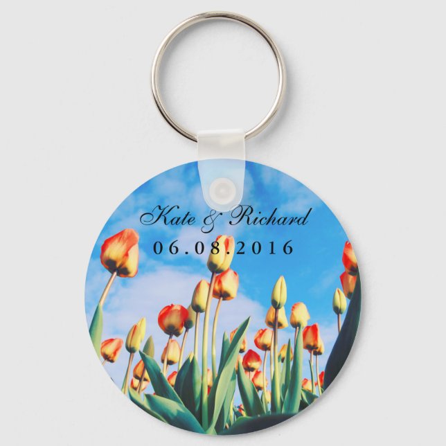 Red Yellow Tulips Floral Wedding Favours Keychain (Front)
