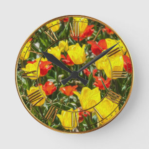 Red & Yellow Tulips Round Clock