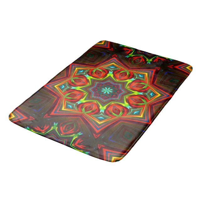 Red yellow twisted eight-pointed star kaleidoscope bath mat (Angled)