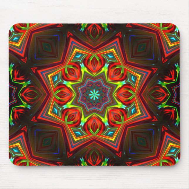 Red yellow twisted eight-pointed star kaleidoscope mouse mat (Front)
