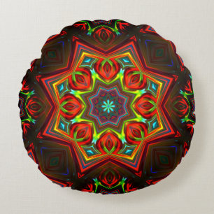 Red yellow twisted eight-pointed star kaleidoscope round cushion