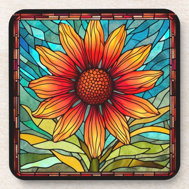 Red & Yellow Wildflower in Stained Glass Coaster (Front)
