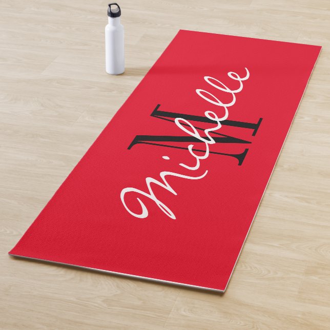 Red yoga mat personalised with custom monogram (In Situ)
