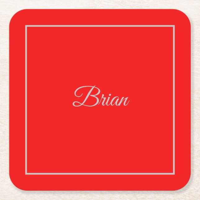 Red Your Name Minimalist Personal Modern Square Paper Coaster (Front)