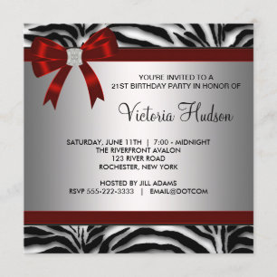 Red Zebra Girl Womans Birthday Party Invitation
