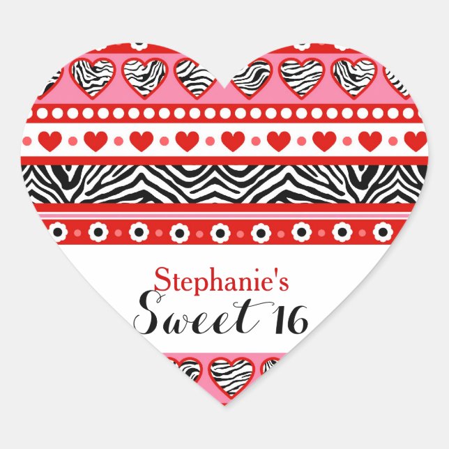 Red zebra heart Sweet 16 Party sticker (Front)
