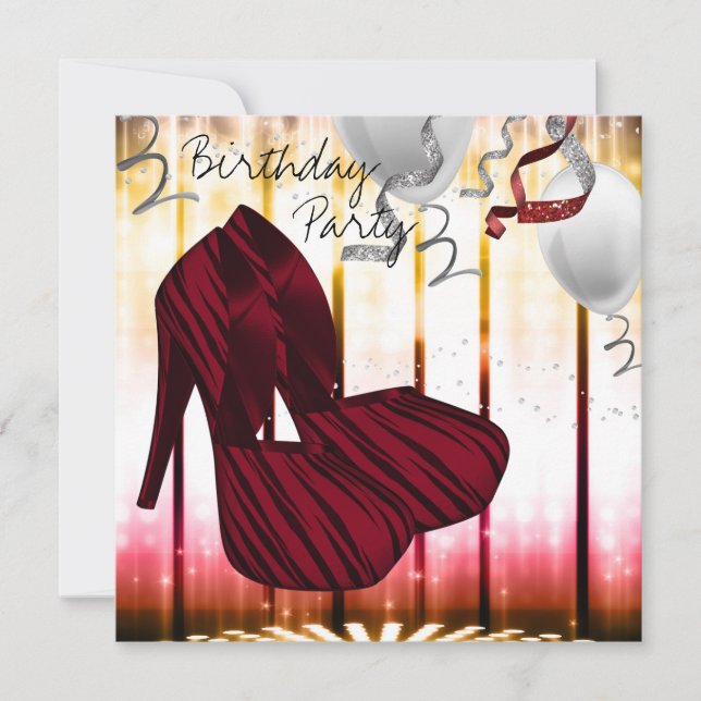 Red Zebra High Heel Shoes Birthday Party Invitation (Front)