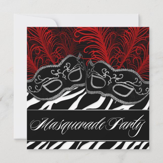 Red Zebra Mask Masquerade Ball Party Invitations (Front)