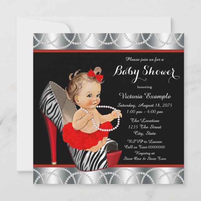 Red Zebra Pearl Tutu High Heel Shoe Baby Shower Invitation (Front)