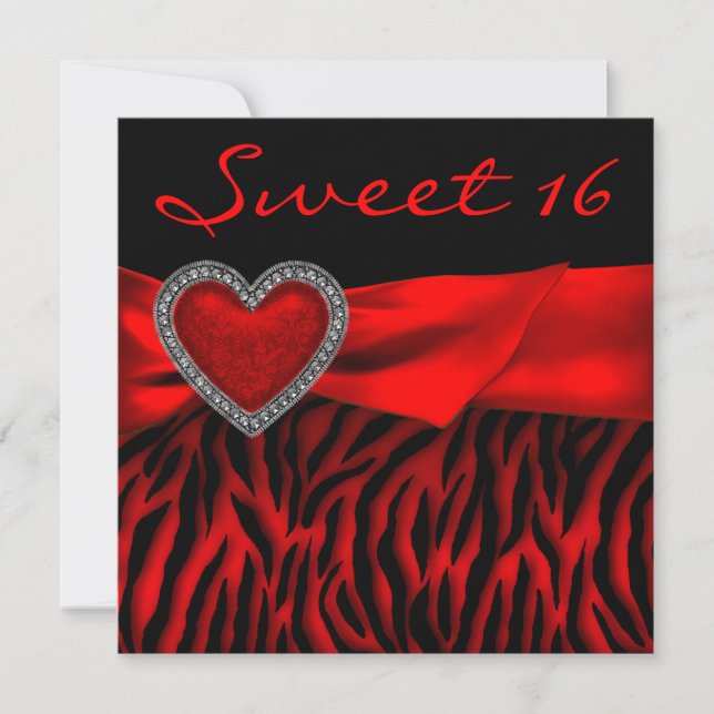 Red Zebra Red Heart Sweet 16 Party Invitation (Front)
