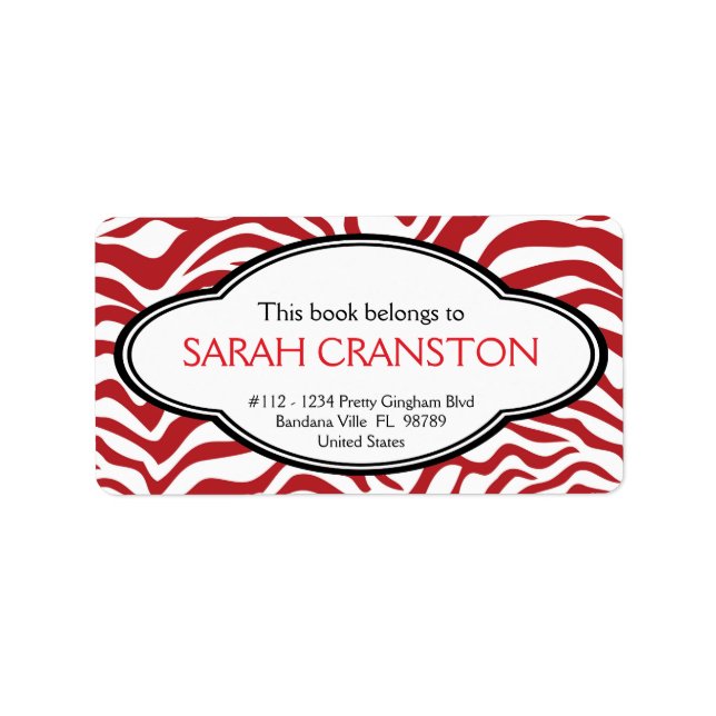 Red  Zebra Stripes Pattern Book plate Label (Front)