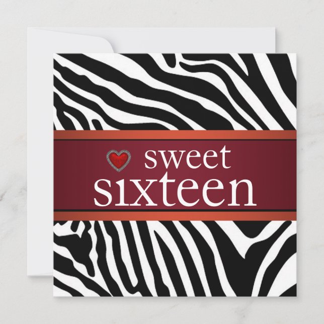 Red Zebra Sweet Sixteen Birthday Party Invitation (Front)