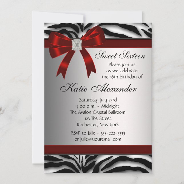 Red Zebra Sweet Sixteen Birthday Party Invitation (Front)