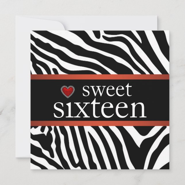 Red Zebra Sweet Sixteen Birthday Party Invitation (Front)