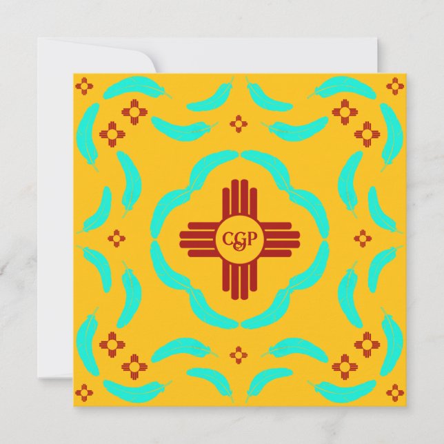 Red Zia Symbols New Mexico Turquoise Feathers (Front)
