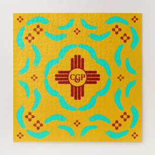 Red Zia Symbols New Mexico Turquoise Feathers Jigsaw Puzzle