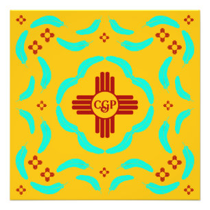 Red Zia Symbols New Mexico Turquoise Feathers Photo Print