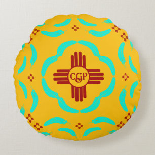 Red Zia Symbols New Mexico Turquoise Feathers Round Cushion