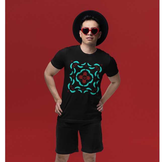 Red Zia Symbols New Mexico Turquoise Feathers T-Shirt (Creator Uploaded)