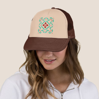 Red Zia Symbols New Mexico Turquoise Feathers Trucker Hat