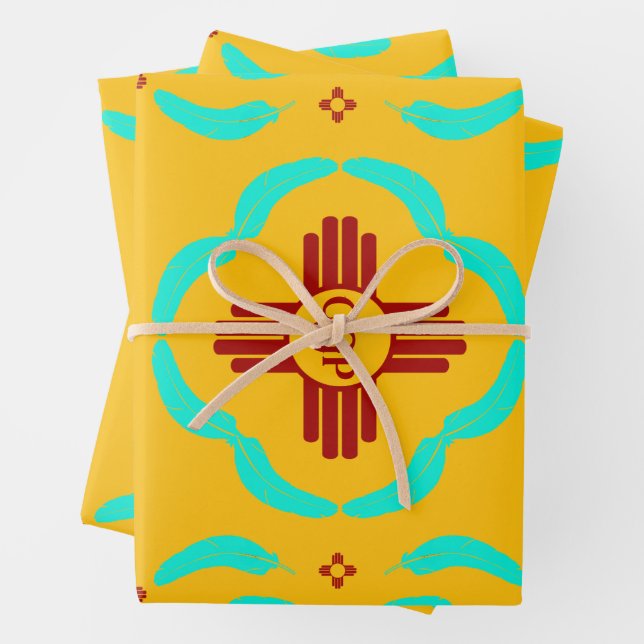 Red Zia Symbols New Mexico Turquoise Feathers Wrapping Paper Sheet (In situ)