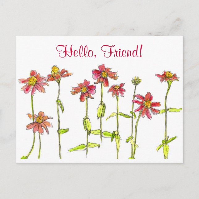Red Zinnia Watercolor Flower Hello Friend Postcard (Front)