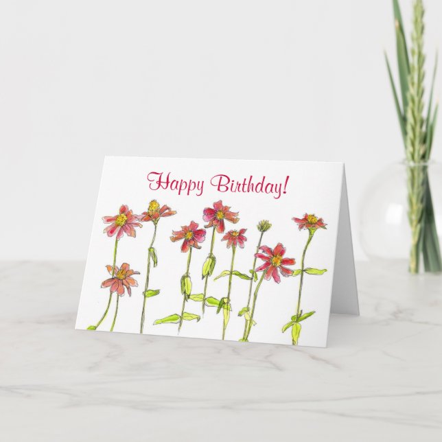 Red Zinnia Watercolor Flowers Happy Birthday Card (Front)