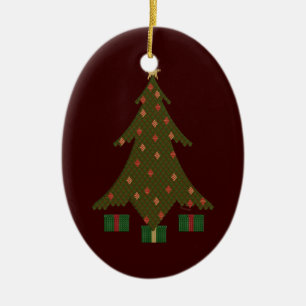 redBG, quiltedTreeSolo Ceramic Tree Decoration