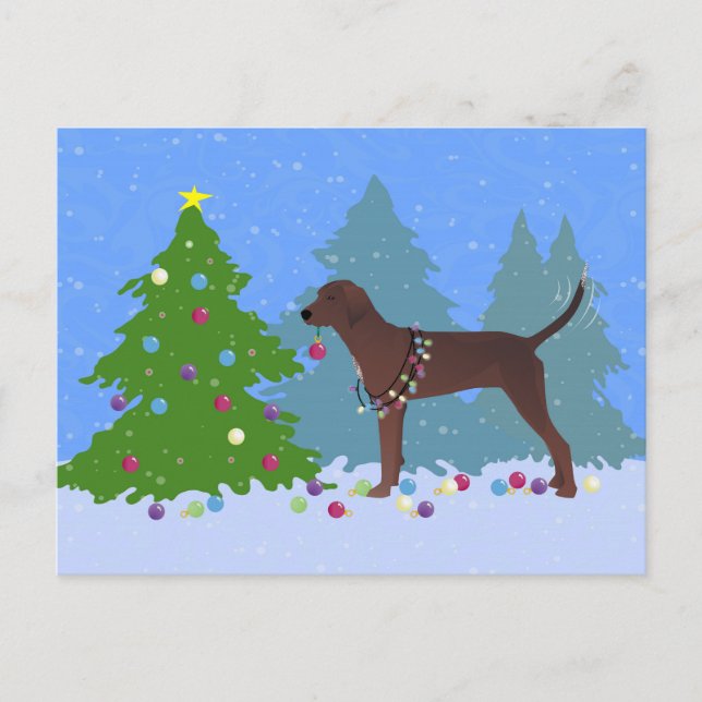 Redbone Coonhound Decorating Christmas Tree Holiday Postcard (Front)