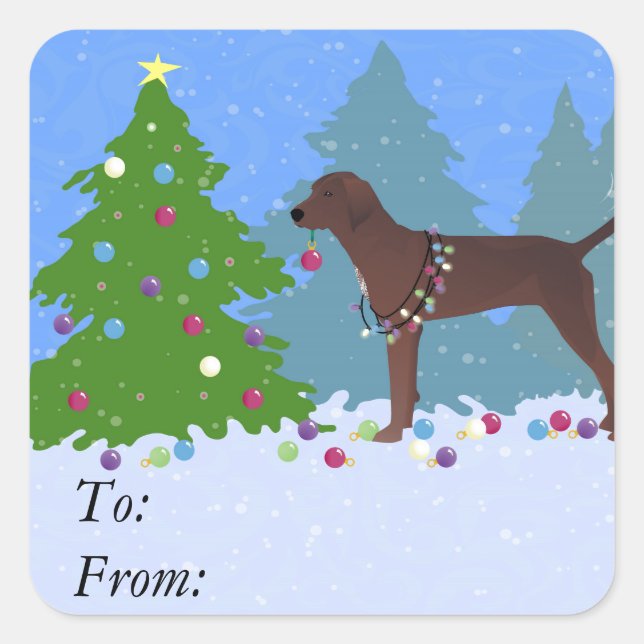 Redbone Coonhound Decorating Christmas Tree Square Sticker (Front)